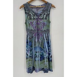 Cato Y2K Boho Dress Women's Med Blue Purple Green Abstract Beaded Sleeveless‎